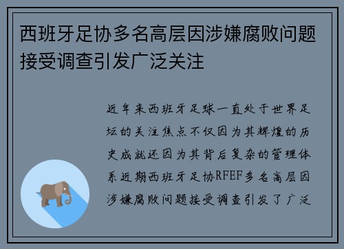 西班牙足协多名高层因涉嫌腐败问题接受调查引发广泛关注